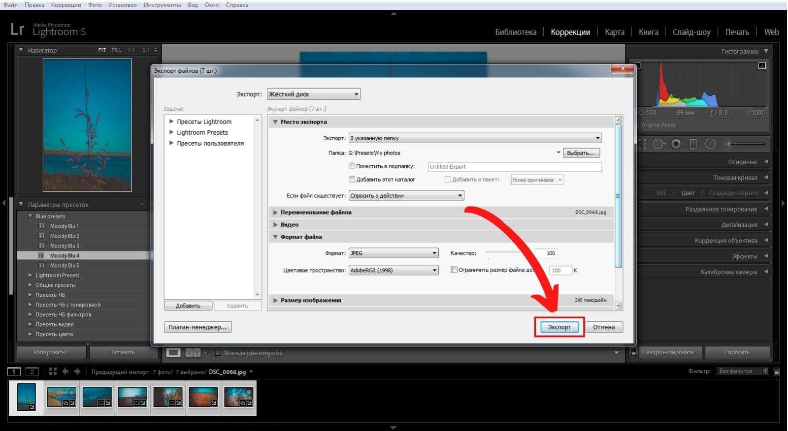 Как сохранить фото в лайтрум в jpg